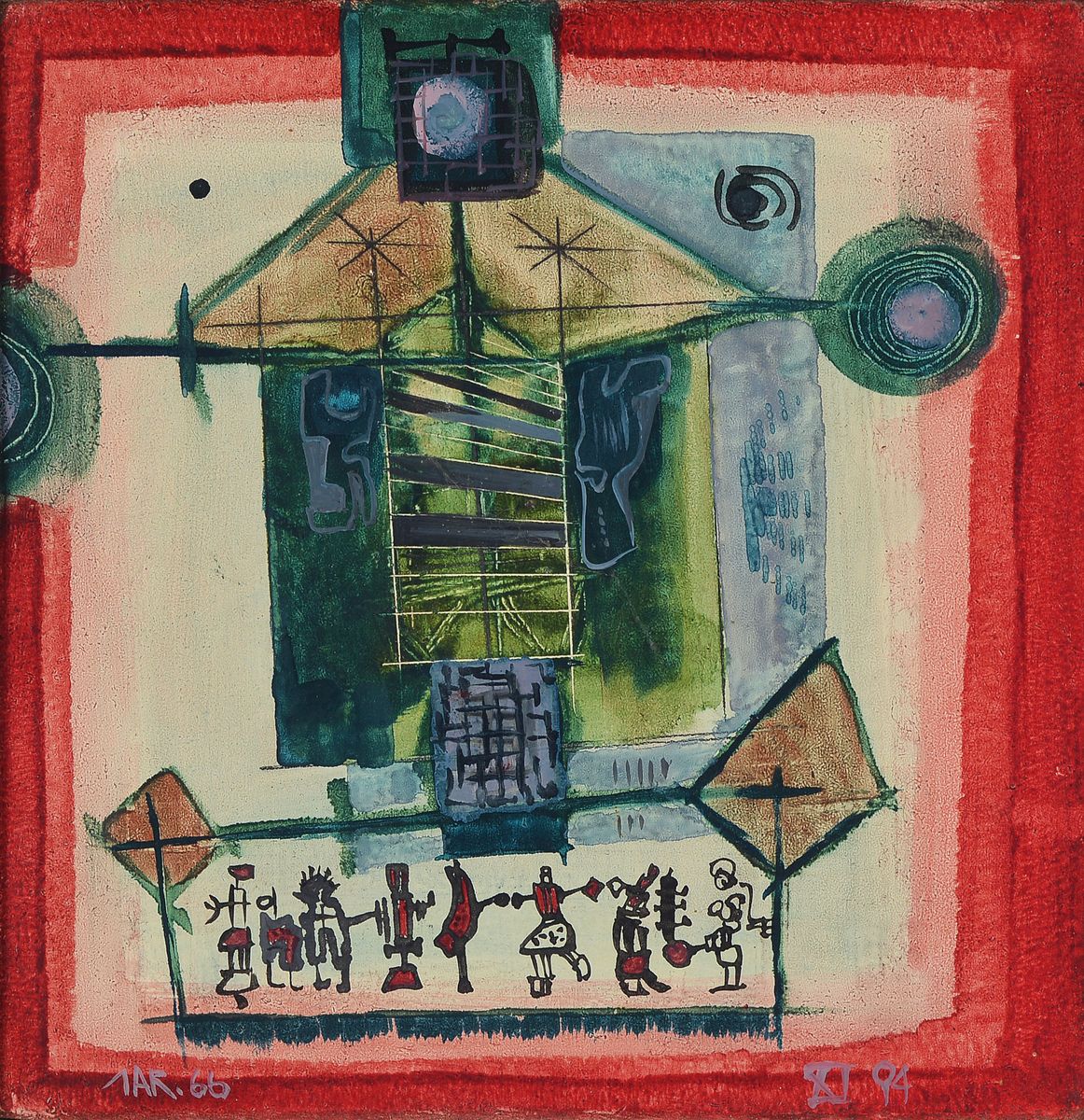 Fritz Jarchov, 1934 Eutin-1983 Heidelberg, Kugel-hell mit kleinem Tanz, Acryl/Spanplatte,monogrammiert und datiert 66, ca. 23x23cm, R.