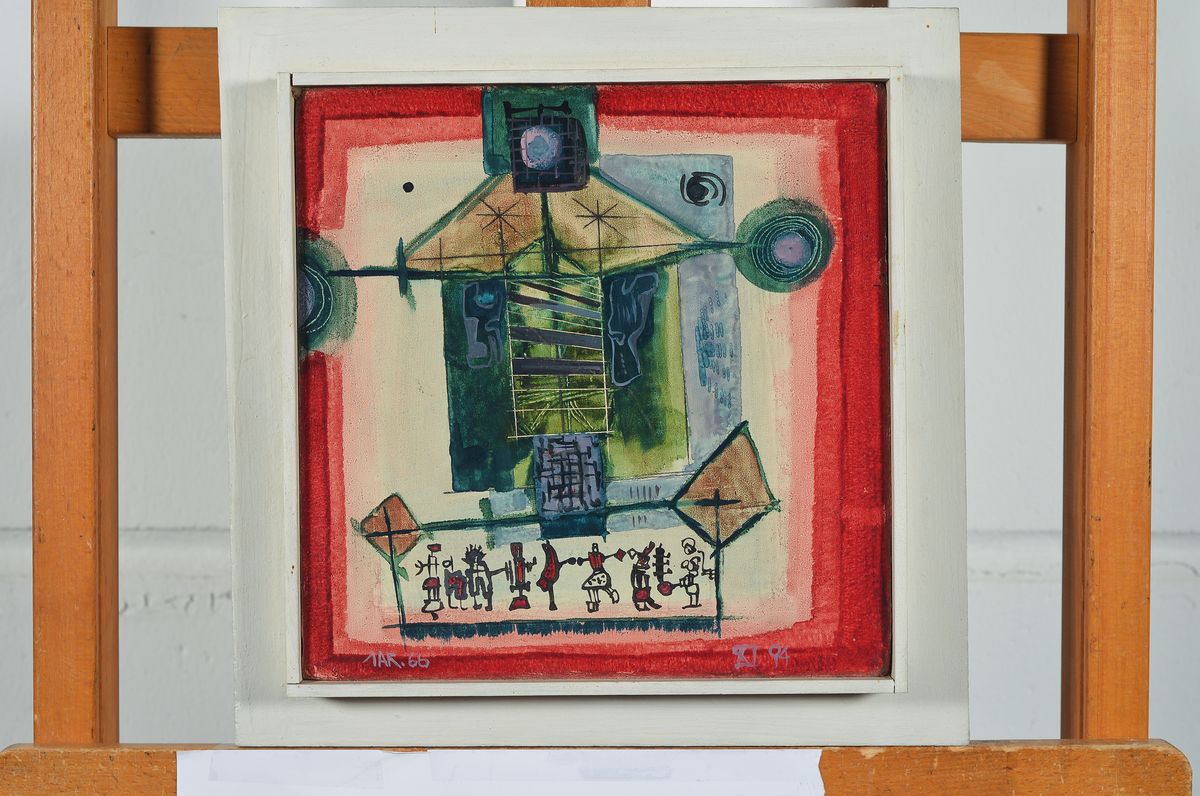 Detail k: Fritz Jarchov, 1934 Eutin-1983 Heidelberg, Kugel-hell mit kleinem Tanz, Acryl/Spanplatte,monogrammiert und datiert 66, ca. 23x23cm, R.