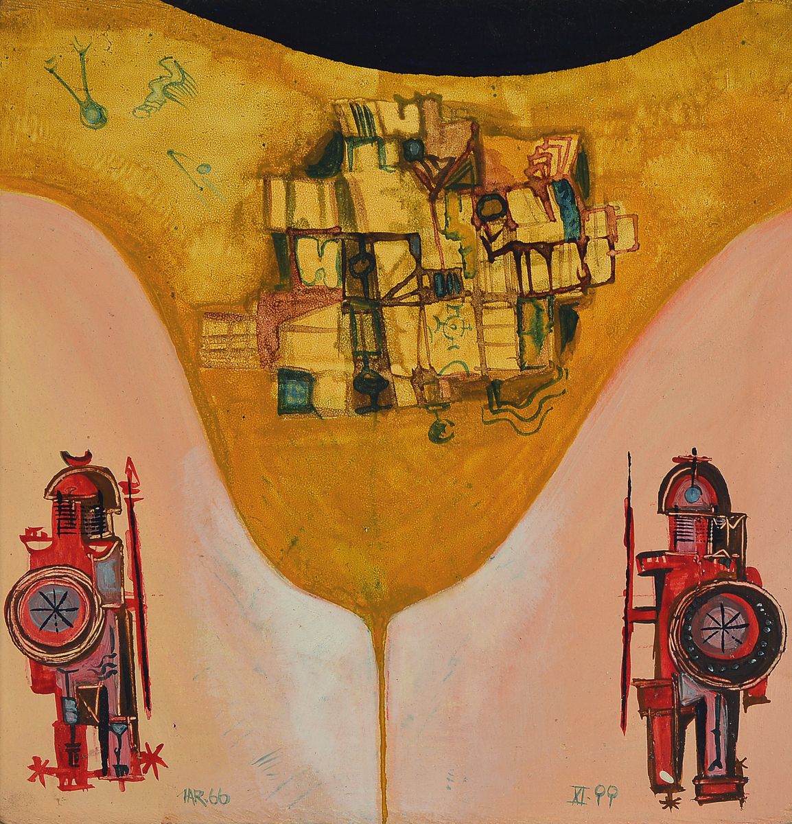 Fritz Jarchov, 1934 Eutin-1983 Heidelberg, Wichtige Wächter, Acryl/Spanplatte, monogr. und dat. 66, ca. 25x25cm, R.