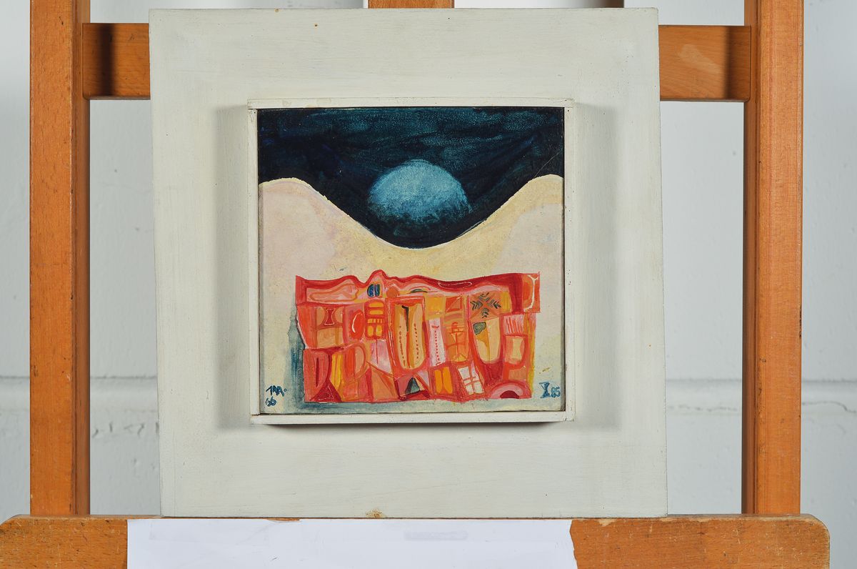 Detail k: Fritz Jarchov, 1934 Eutin-1983 Heidelberg, Wanderbild, Acryl auf Spanplatte, monogr. und dat. 66, ca. 17.5x17.5cm, R.
