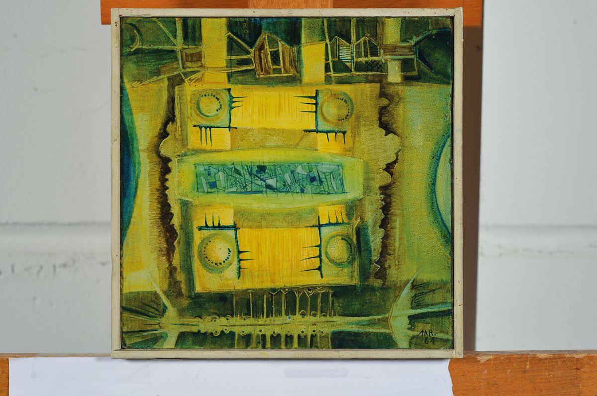 Detail k: Fritz Jarchov, 1934 Eutin-1983 Heidelberg, Hört den kleinen grünen Drachen, Acryl auf Spanplatte, 19.5x19.5cm, R.