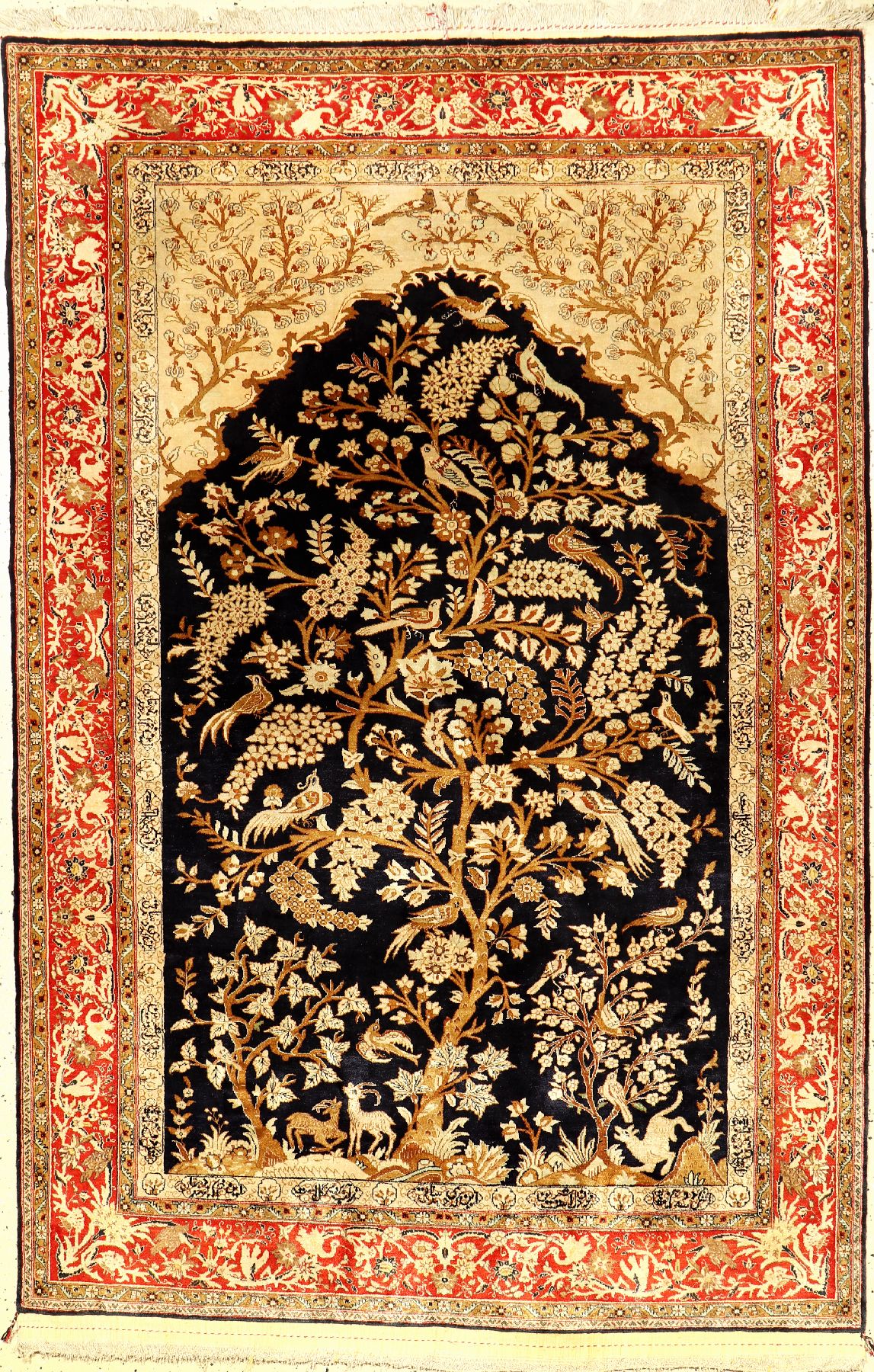 Seiden Ghom alt (Lebensbaum), Persien, um 1960, reine Naturseide, ca. 216 x 140 cm, EHZ: 2 (guter Zustand). Kunstvolles Tree of Life Design auf ...