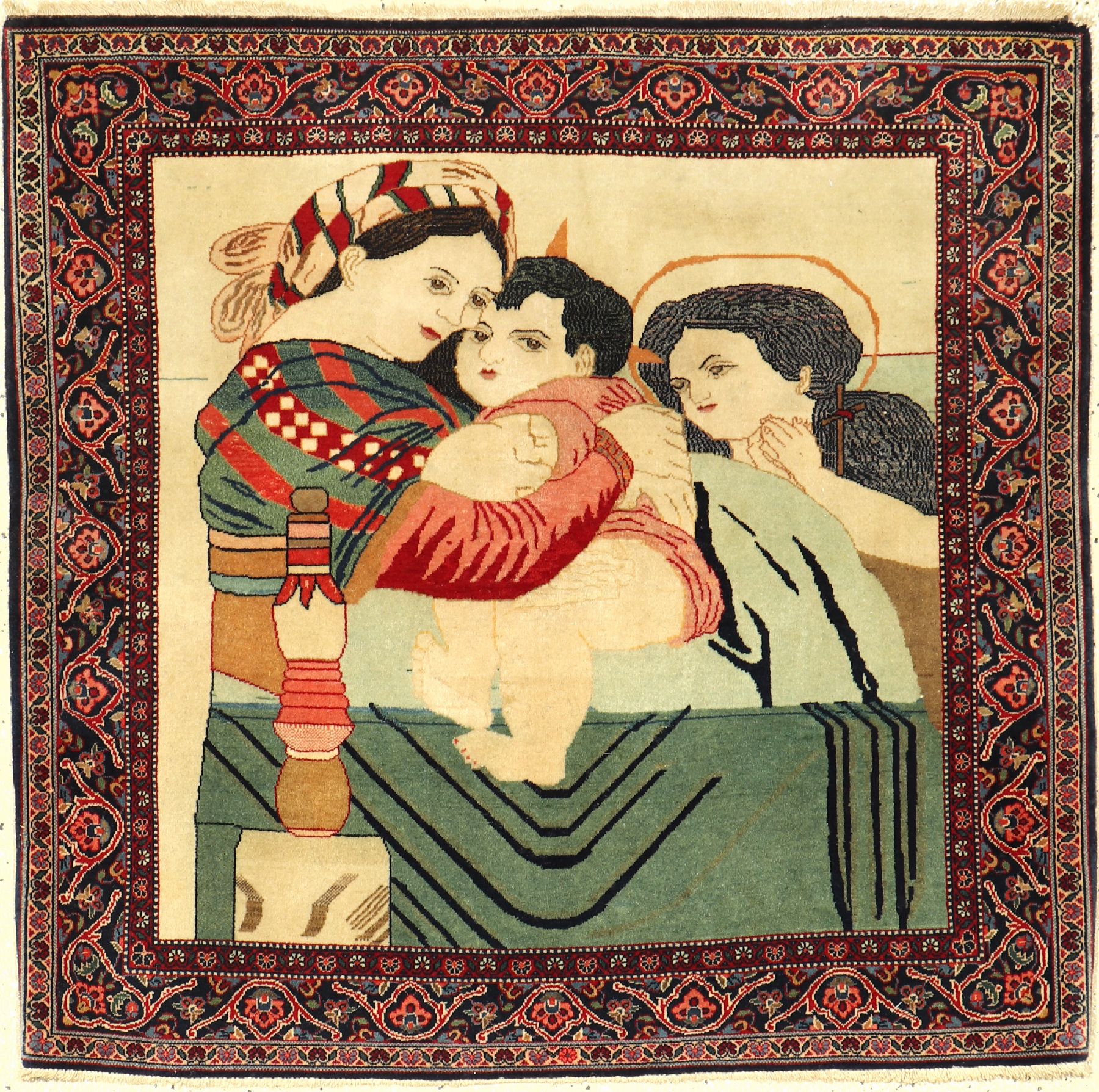Feiner Keschan-Dabir alt (Maria & Jesus), Persien, um 1920, Korkwolle, ca. 90 x 92 cm, EHZ: 2-3. Hochwertige Qualität