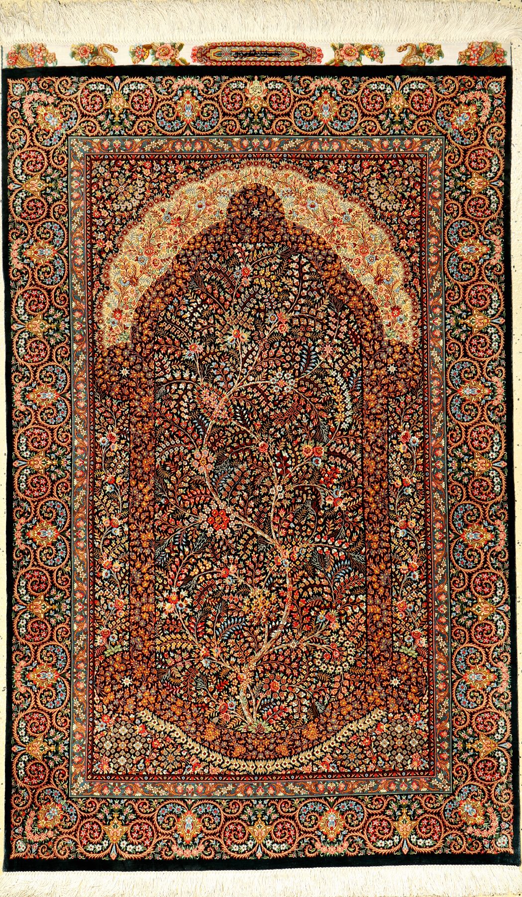 Sehr feiner und einzigartiger Seiden Ghom "Ezatti" (Signiert) "Lebensbaum im Mille-Fleur Stil auf Petrolgrünen Grund" (Unikat, ...