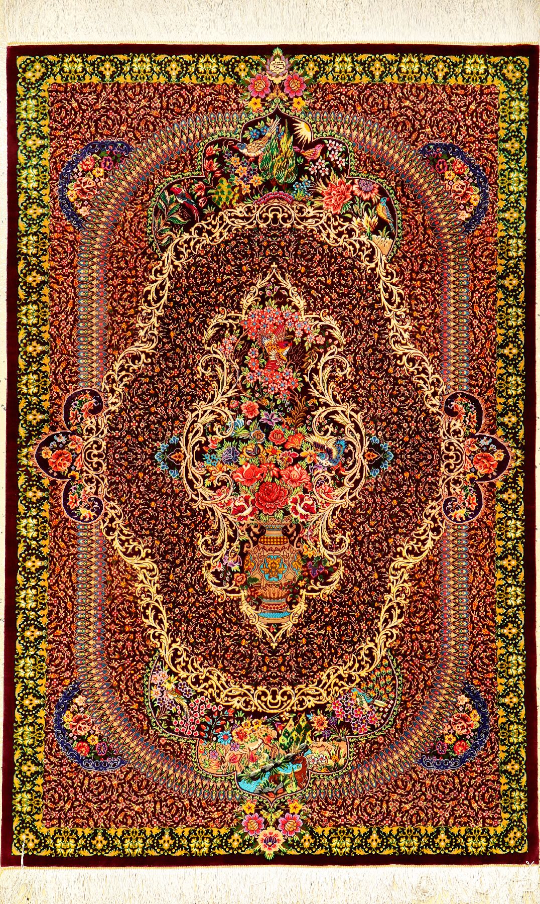 Sehr feiner und einzigartiger Seiden Ghom "Ezatti" (Signiert) "Paradies-Vasen Design mit Tiere und Glücksvögel" (Unikat, ...