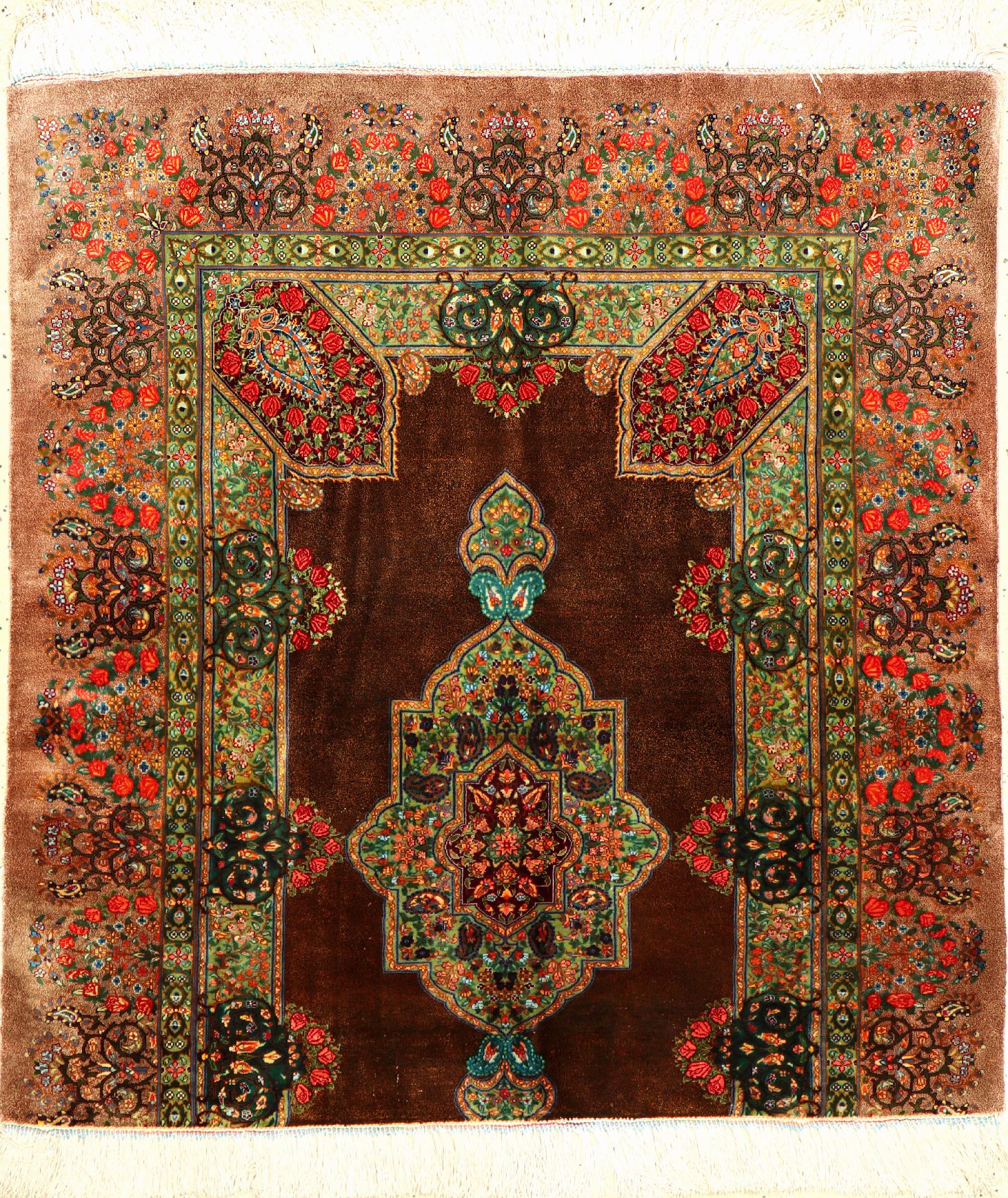 Sehr feiner Seiden Ghom (Wagireh), Persien, ca. 15 Jahre alt, reine Naturseide, ca. 103 x 96 cm, EHZ: 1-2 (fachkundig gereinigt), sehr hochwertige ...