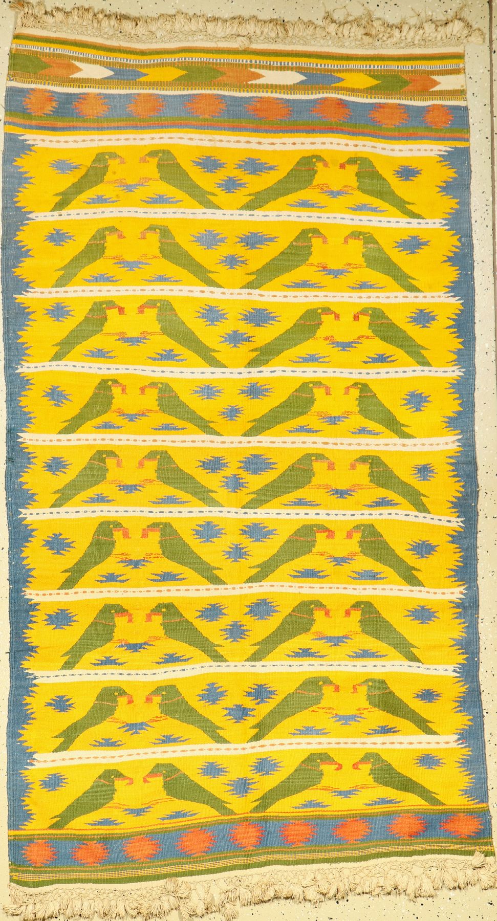 Jugendstil Kelim (Papagai), Europa, um 1940, Wolle auf Baumwolle, ca. 192 x 108 cm, dekorativ, EHZ: 2