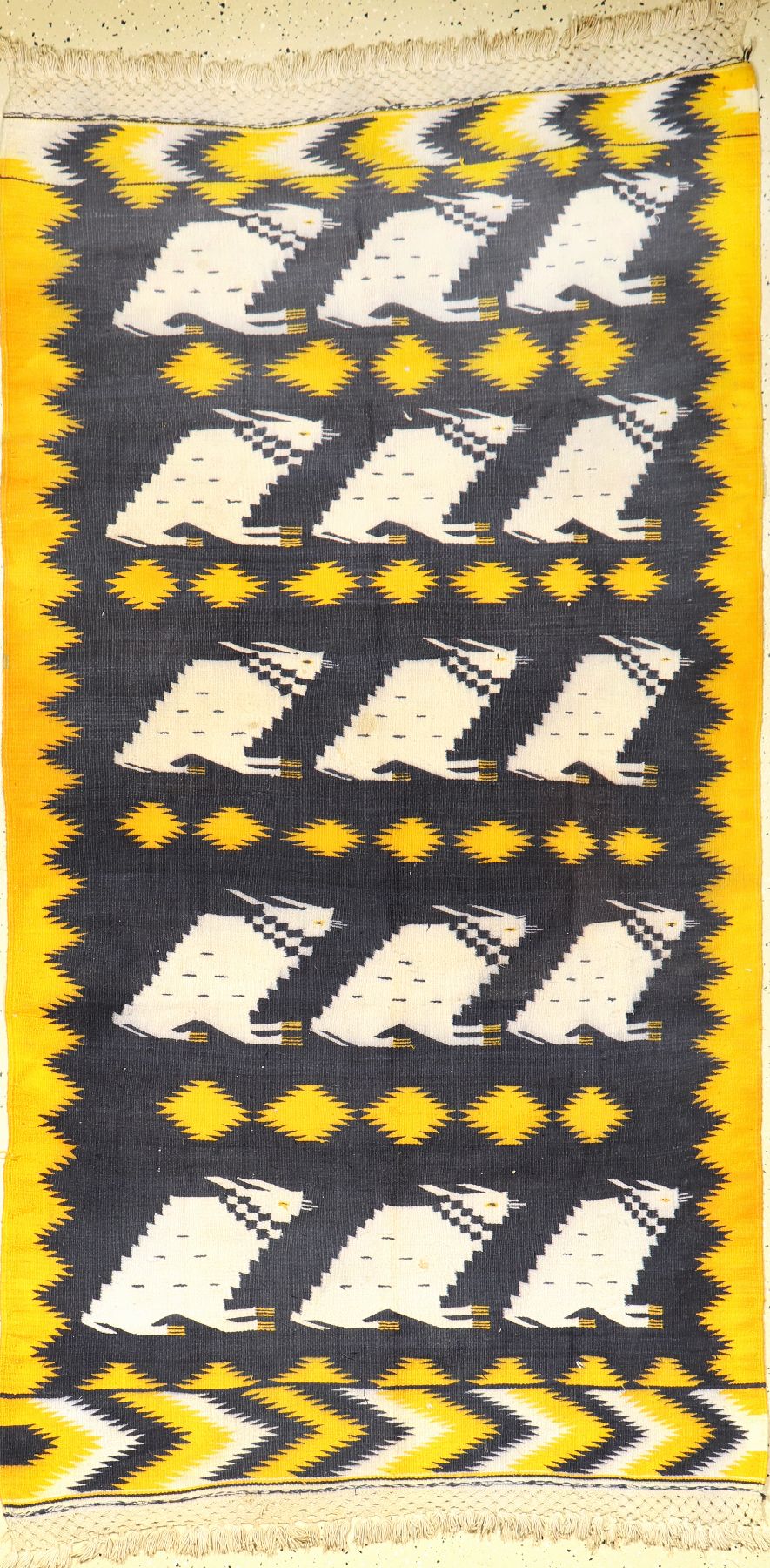 Jugendstil Kelim (Hasen), Europa, um 1940, Wolle auf Baumwolle, ca. 201 x 107 cm, dekorativ, EHZ: 2-3
