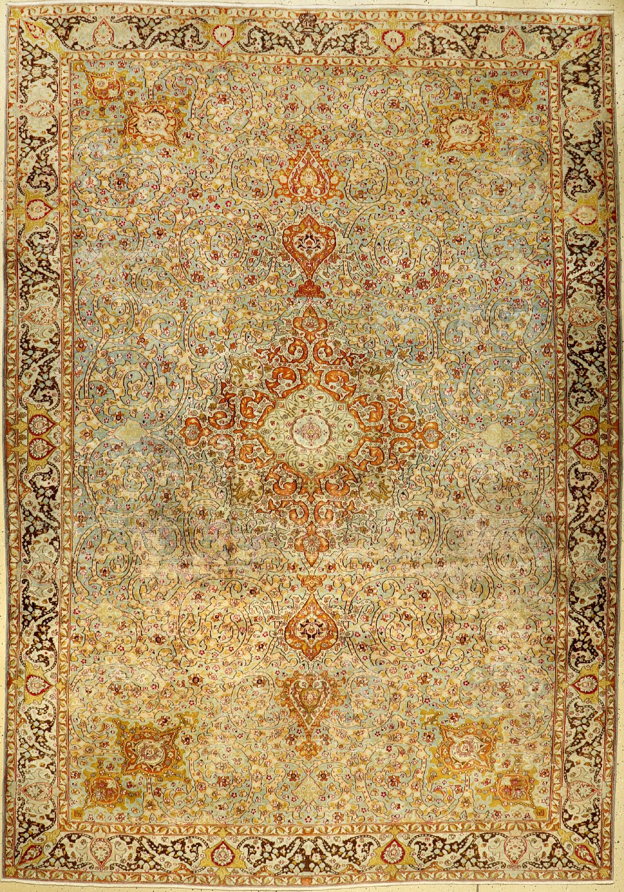 Agra alt, Indien, um 1920, Wolle auf Baumwolle, ca. 351 x 245 cm, sehr seltene Farben, sehr dekorativ, EHZ: 4, Vintage-Style (fachkundig gereinigt).