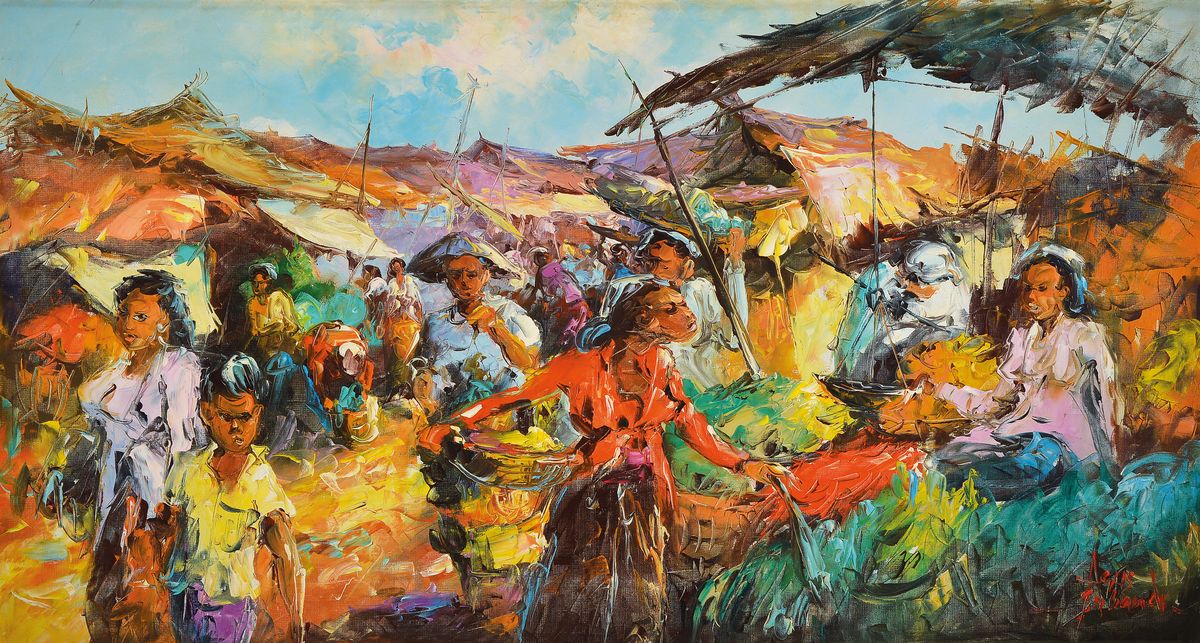 Asus Subandi, zeitgen. Künstler, belebte Marktszene, Öl/Lwd, signiert, ca. 65x 125 cm, R.