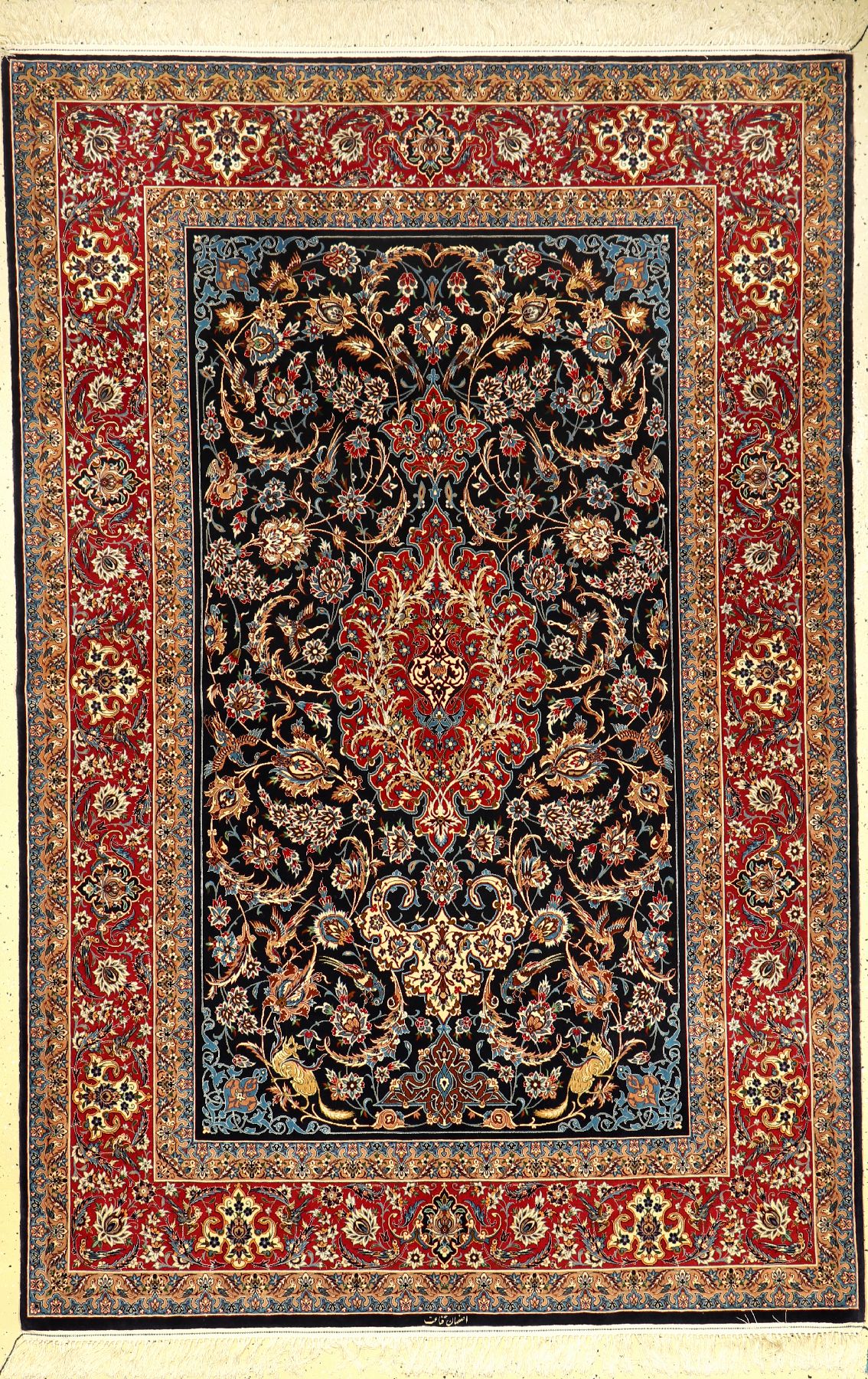 Sehr feiner und hochwertiger Esfahan "Ghanaet" alt (Meisterarbeit) Signiert, Persien, ca. 30 Jahre alt, Korkwolle mit und auf Seide, ca. ...