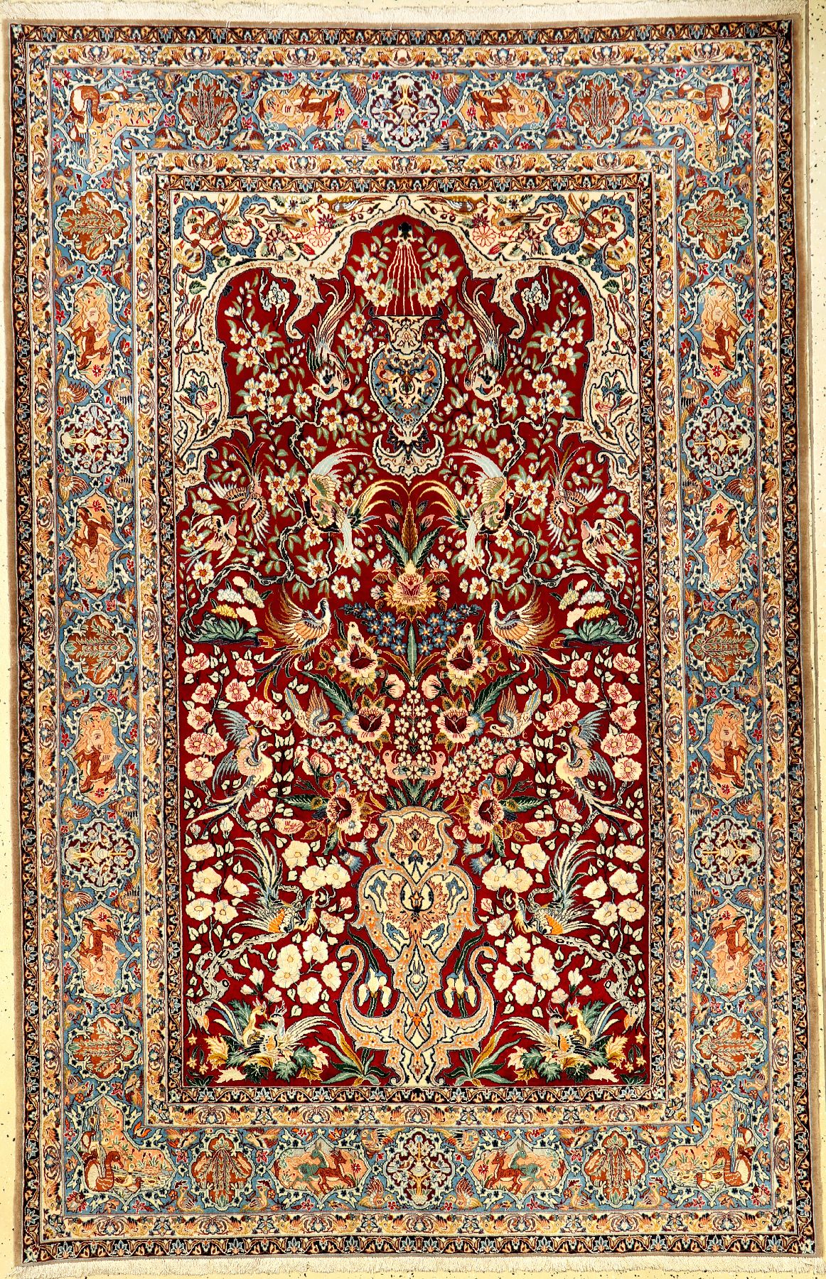 Feiner Esfahan (Paradies), Persien, ca. 30 Jahre, Korkwolle mit und auf Seide, ca. 244 x 160 cm, ca. 1,0 Mio. Kn/qm, hochwertig und edel, EHZ: 2 ...