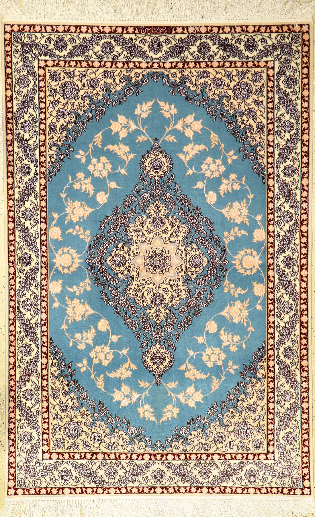 Himmelblauer Nain fein, Persien, ca. 15 Jahre, Korkwolle mit Seide, ca. 172 x 112 cm, dekorativ, EHZ: 1-2 (fachkundig gereinigt).