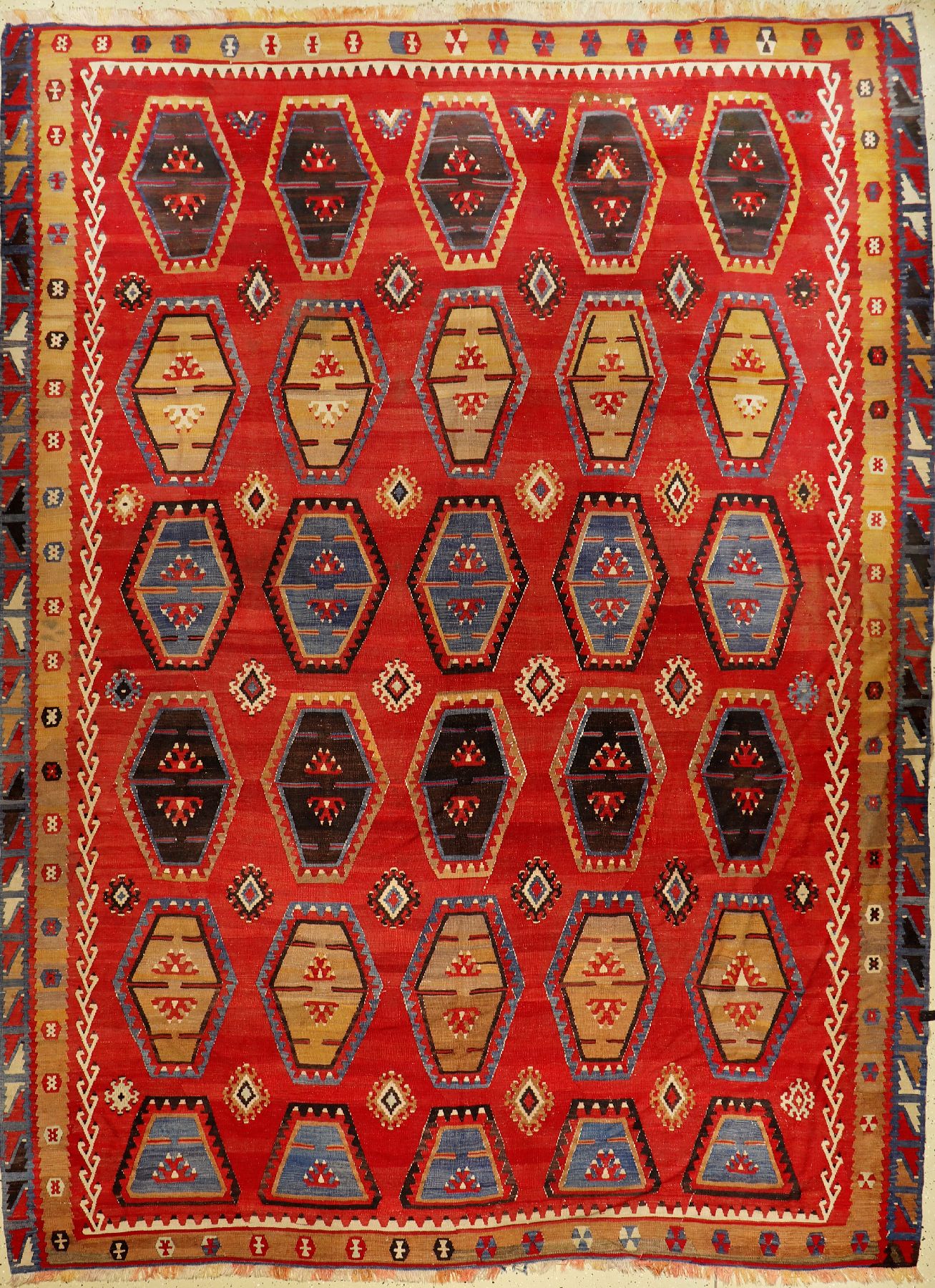 Großer Kars Kelim alt, Türkei, um 1940, Wolle auf Wolle, ca. 328 x 253 cm, dekorativ, EHZ: 2-3