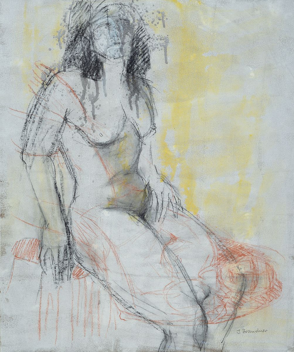 Ingeborg Brandner, geboren 1920, tätig in Dörrenbach, hier doppelter Frauenakt, im Hoch- und Querformat ein sitzender Frauenakt, in Kohlezeichnung ...