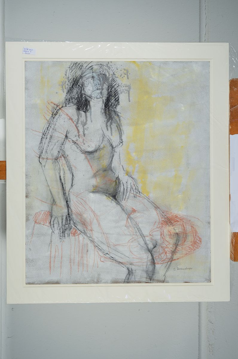 Detail k: Ingeborg Brandner, geboren 1920, tätig in Dörrenbach, hier doppelter Frauenakt, im Hoch- und Querformat ein sitzender Frauenakt, in Kohlezeichnung ...