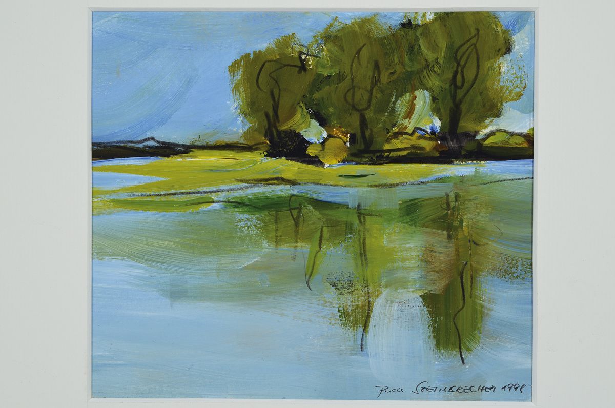 Detail k: Puck Steinbrecher, geb. 1950 Bad Zwischenhahn, Seelandschaft mit Bäumen, Acryl auf Karton,signiert und dat. 1998, ca. 18 x 20 cm, PP. 23.5 x 30 cm