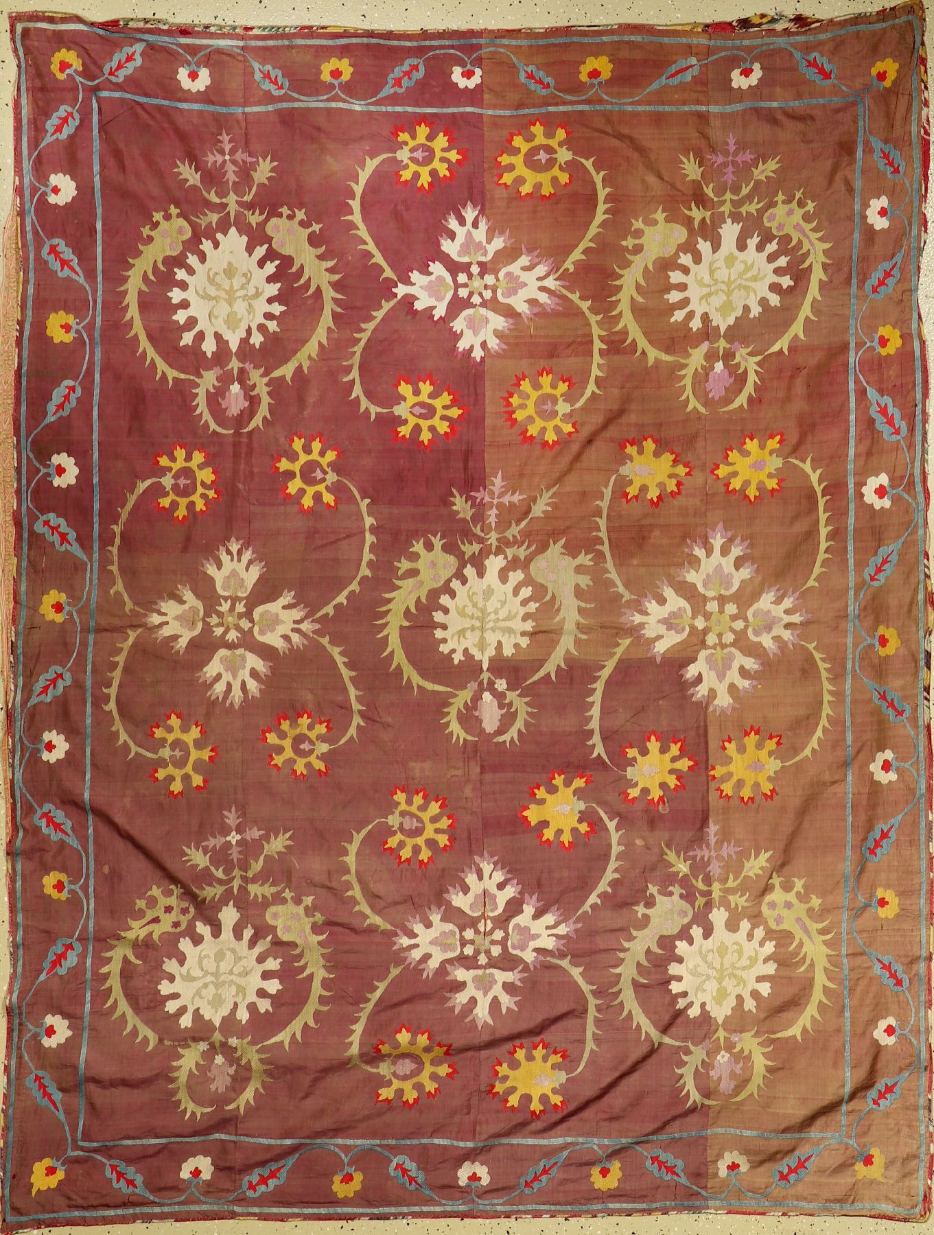 Seiden Susani antik, Uzbekistan, Ende 19.Jhd.,ca. 215 x 160 cm, Rarität, Sammelwürdig, EHZ: 4-5, Seiden Ikat Grund