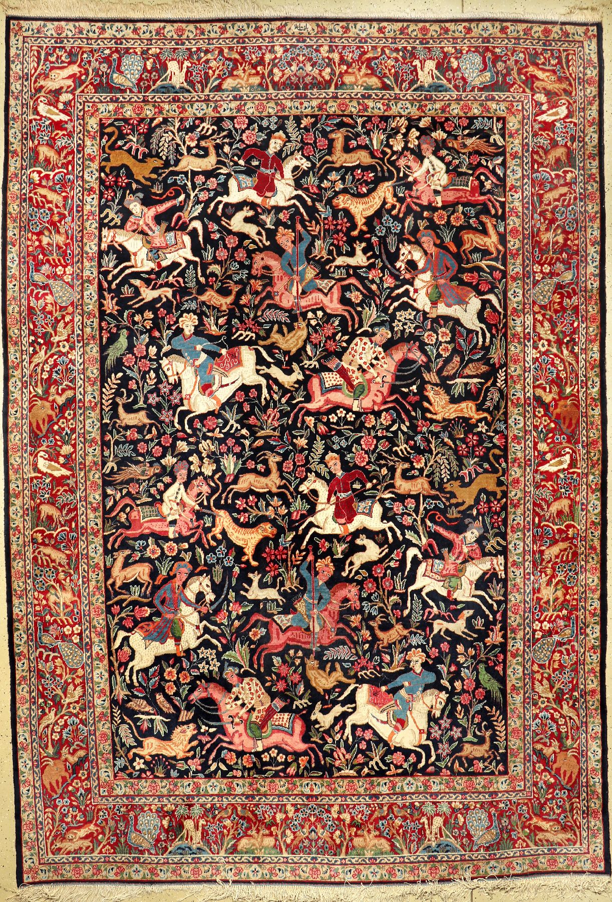 Yazd "Bafte Alah" alt "Signiert" (Jagd Motiv), Persien, um 1940, Wolle auf Baumwolle, ca. 380 x 260 cm, EHZ: 2. Dekorativ. ...