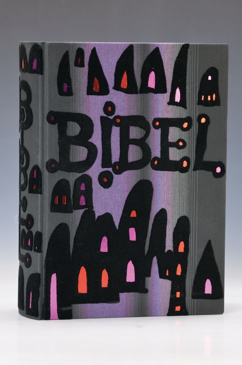Die Bibel, illustriert von Friedensreich Hundertwasser, Pattloch Verlag 1995, Einband und Schuber von Hundertwasser gestaltet, ca. 30,5x22 cm