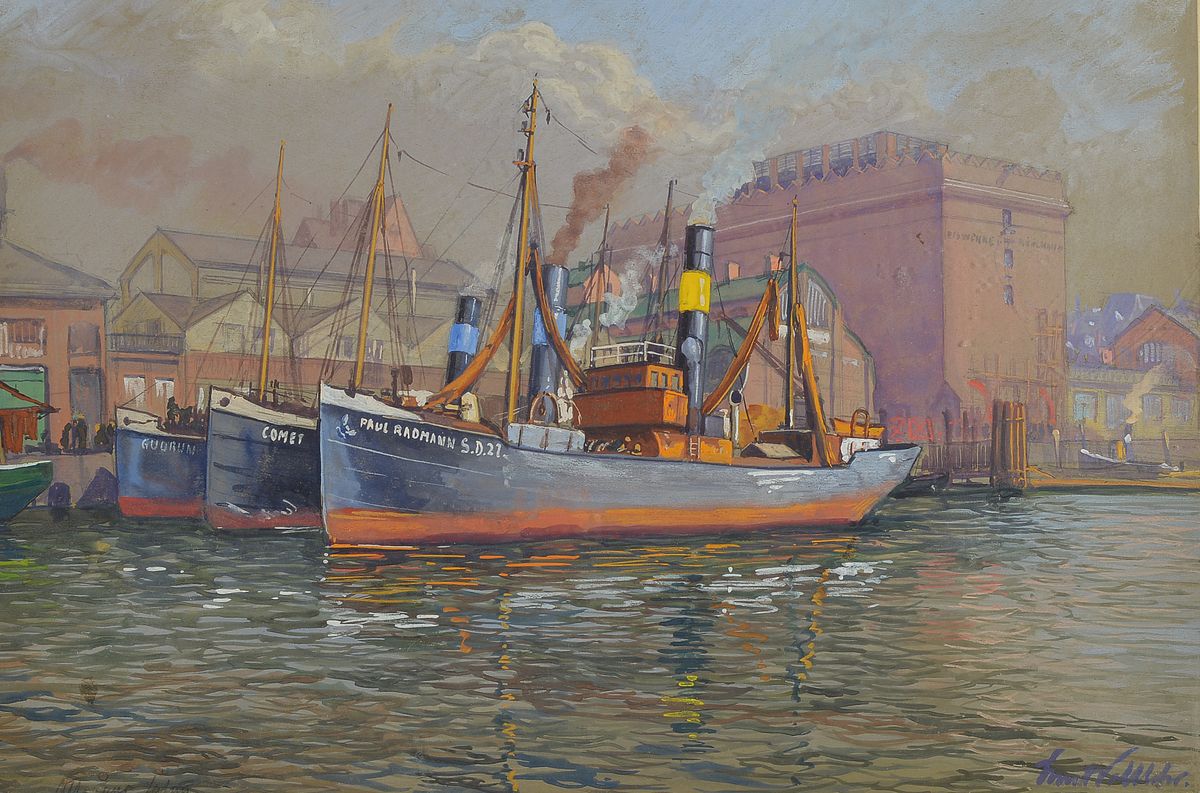 Knut Vollhofer oder ähnlich, 20/30er Jahre, historische Ansicht, Bremerhaven, signiert, unter Glas, Ansicht ca. 43x64.5 cm, Rahmen ca. 66x87 cm