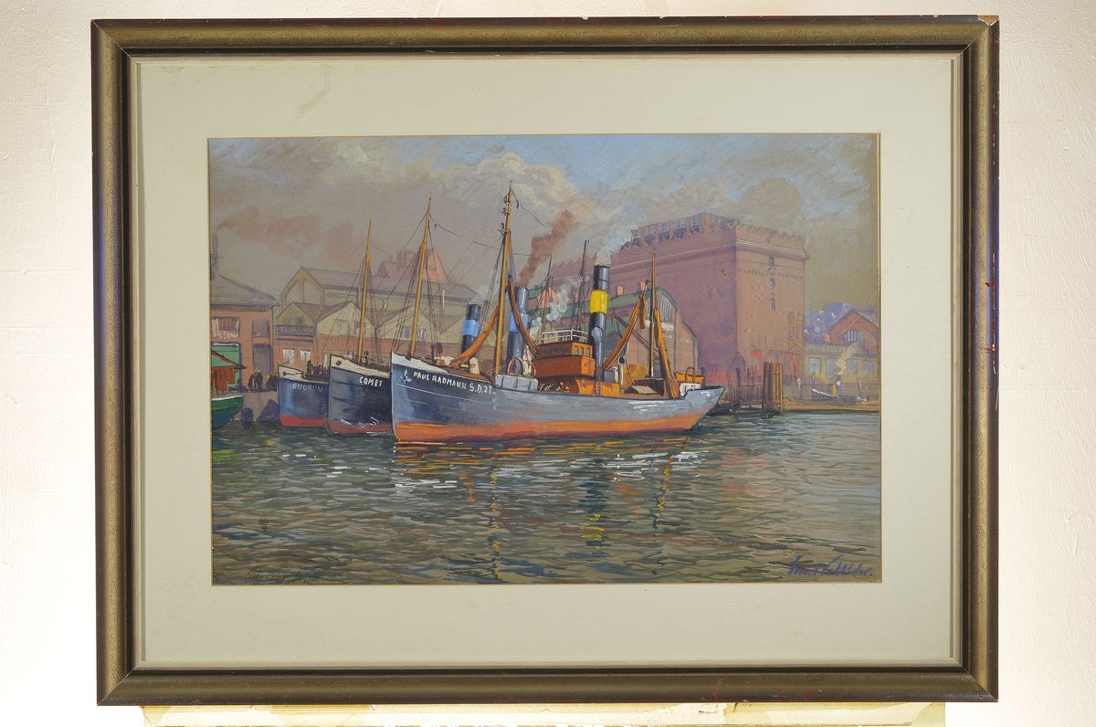 Detail k: Knut Vollhofer oder ähnlich, 20/30er Jahre, historische Ansicht, Bremerhaven, signiert, unter Glas, Ansicht ca. 43x64.5 cm, Rahmen ca. 66x87 cm