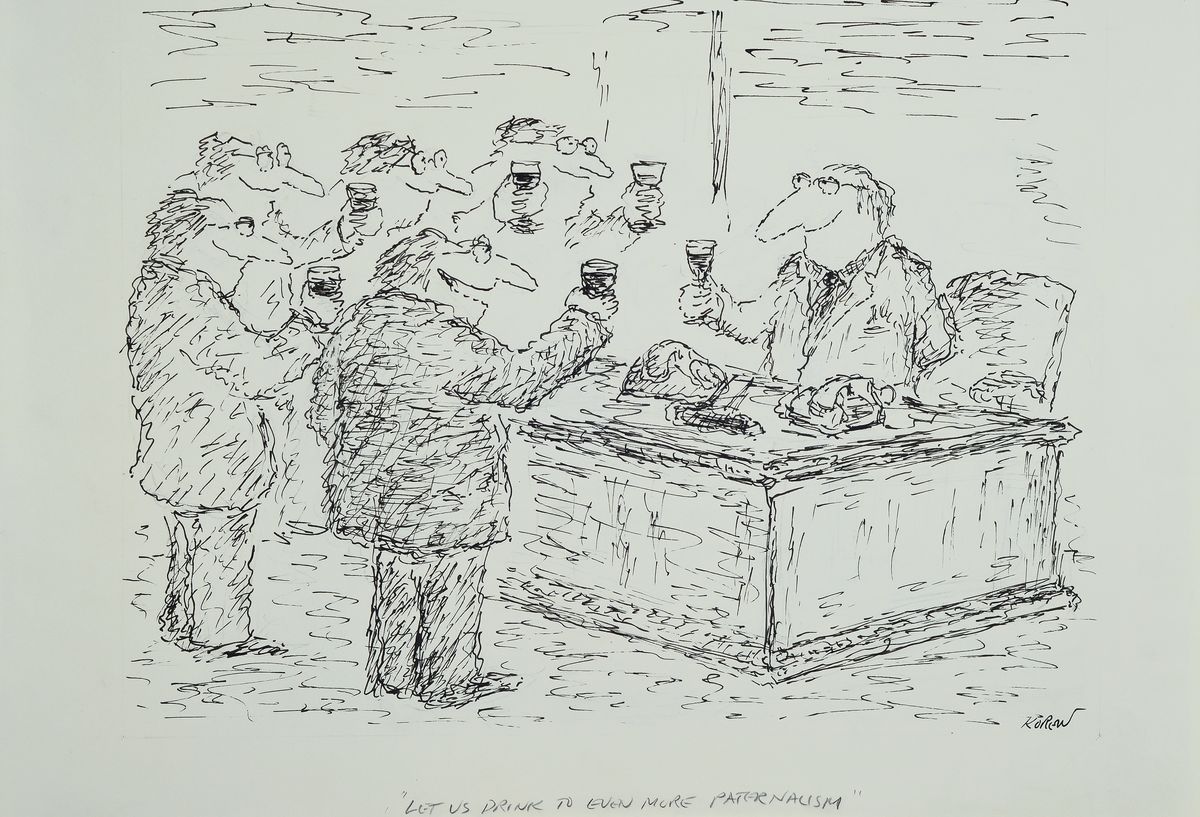 Ed Koren, geb. 1935 New York, lebt und arbeitet ebenda, als Illustrator und Zeichner politischer Cartoons, hier: 3 Tuschfederzeichnungen aus den ...