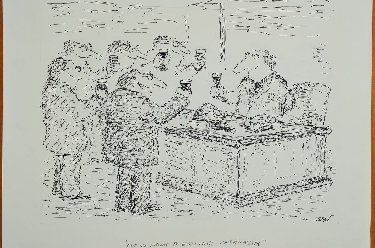 Detail k: Ed Koren, geb. 1935 New York, lebt und arbeitet ebenda, als Illustrator und Zeichner politischer Cartoons, hier: 3 Tuschfederzeichnungen aus den ...