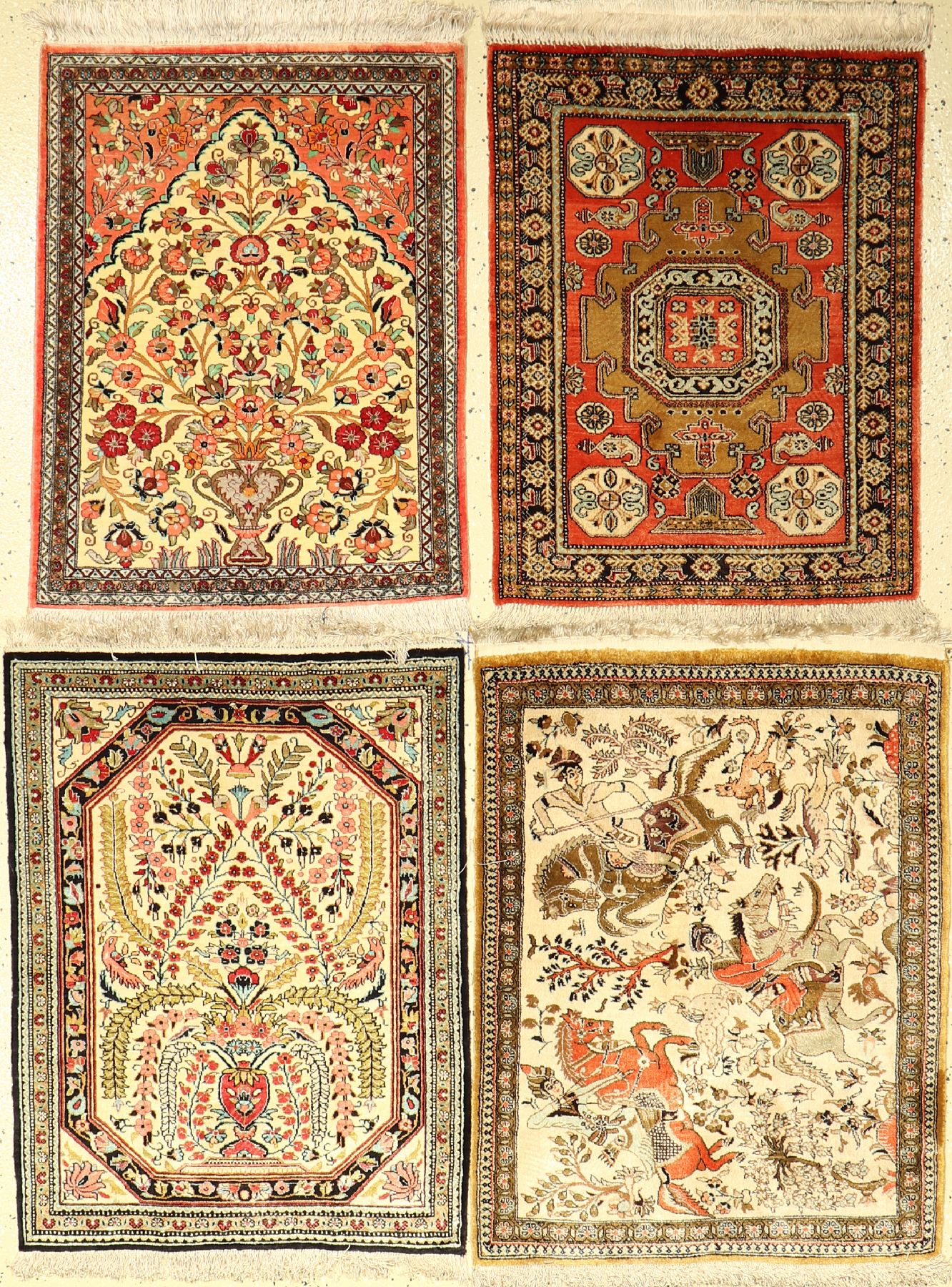 (4 Lots) 4x Seiden Ghom alt, Persien, ca. 30-40 Jahre, reine Naturseide, Poshti Formate,EHZ: 2