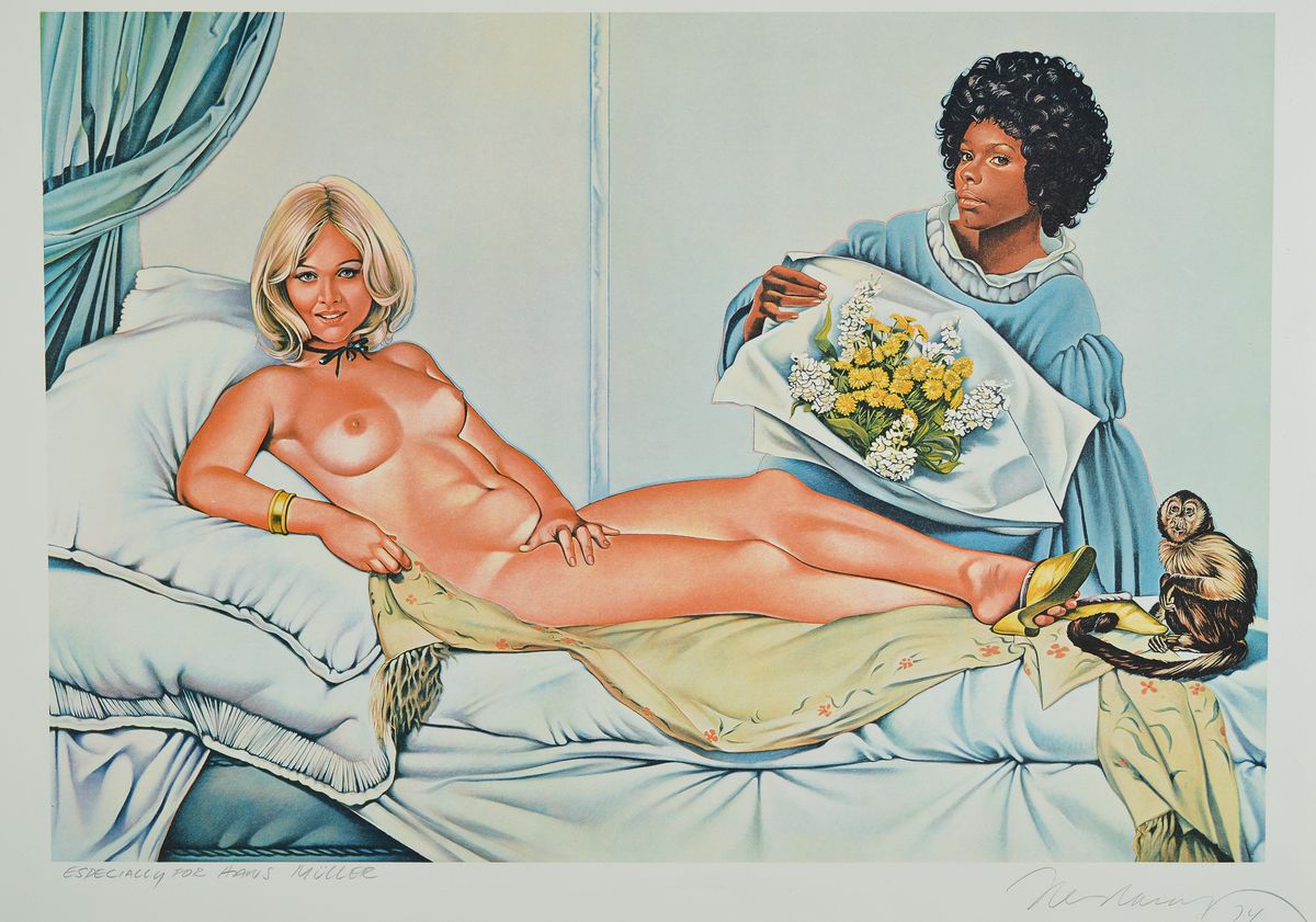 Mel Ramos, 1935-2018, Manet's Olympia, Farblithographie von 1974, handsigniert und datiert, links unten Widmung: Especially for Hans Müller, ...