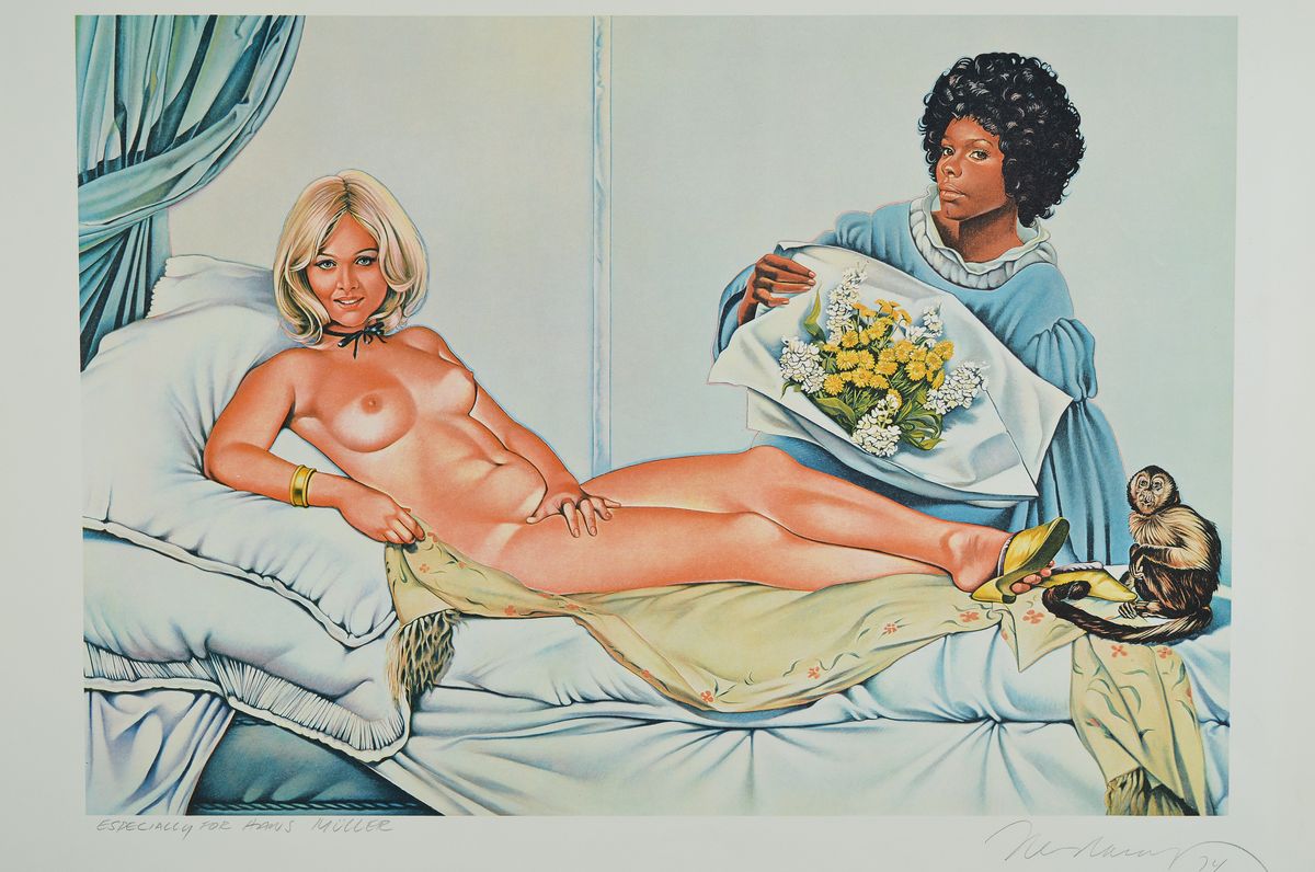 Detail k: Mel Ramos, 1935-2018, Manet's Olympia, Farblithographie von 1974, handsigniert und datiert, links unten Widmung: Especially for Hans Müller, ...