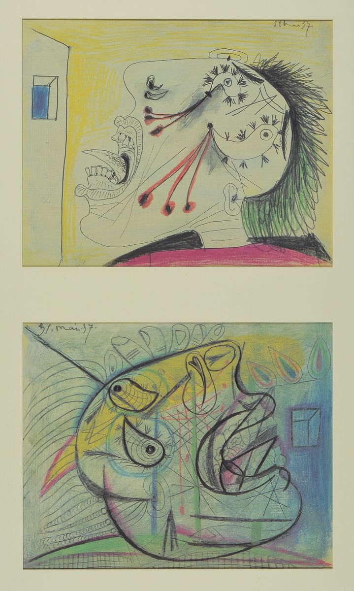 Detail a: Pablo Picasso: Guernica, die Skizzen auf Papier, Mappe mit 31 (von 42) Offsetdruck, davon 30 unter Glas und gerahmt, erschienen unter der ...