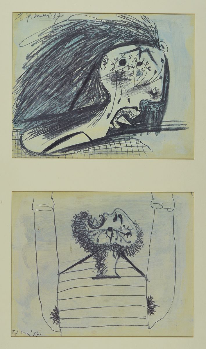 Detail b: Pablo Picasso: Guernica, die Skizzen auf Papier, Mappe mit 31 (von 42) Offsetdruck, davon 30 unter Glas und gerahmt, erschienen unter der ...