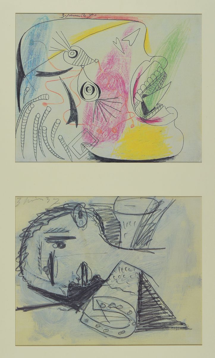 Detail c: Pablo Picasso: Guernica, die Skizzen auf Papier, Mappe mit 31 (von 42) Offsetdruck, davon 30 unter Glas und gerahmt, erschienen unter der ...