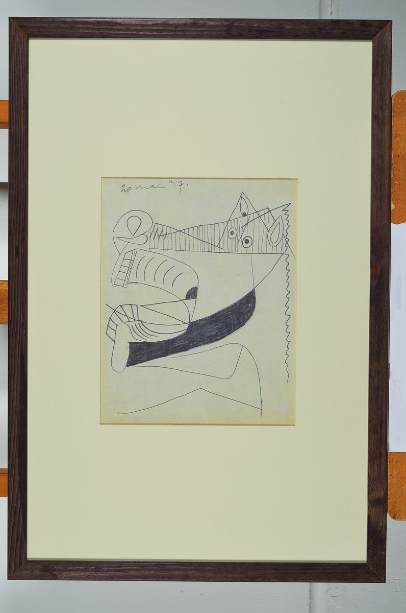 Detail k: Pablo Picasso: Guernica, die Skizzen auf Papier, Mappe mit 31 (von 42) Offsetdruck, davon 30 unter Glas und gerahmt, erschienen unter der ...