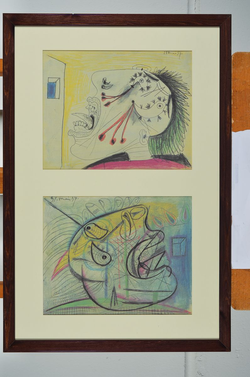 Detail l: Pablo Picasso: Guernica, die Skizzen auf Papier, Mappe mit 31 (von 42) Offsetdruck, davon 30 unter Glas und gerahmt, erschienen unter der ...