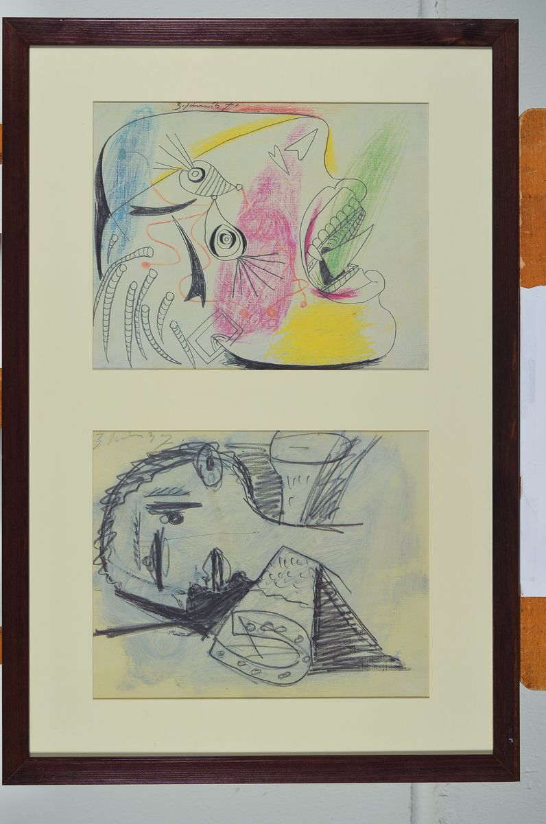 Detail n: Pablo Picasso: Guernica, die Skizzen auf Papier, Mappe mit 31 (von 42) Offsetdruck, davon 30 unter Glas und gerahmt, erschienen unter der ...