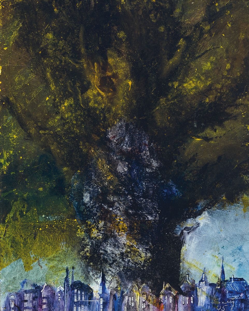 Lajos Sebök, 1910 Szeged (Ungarn)-1996 Neuss, " Allmächtiger Baum ", Öl/Platte, sign., dat.95, Rahmen, gesamt ca. 62x52 cm