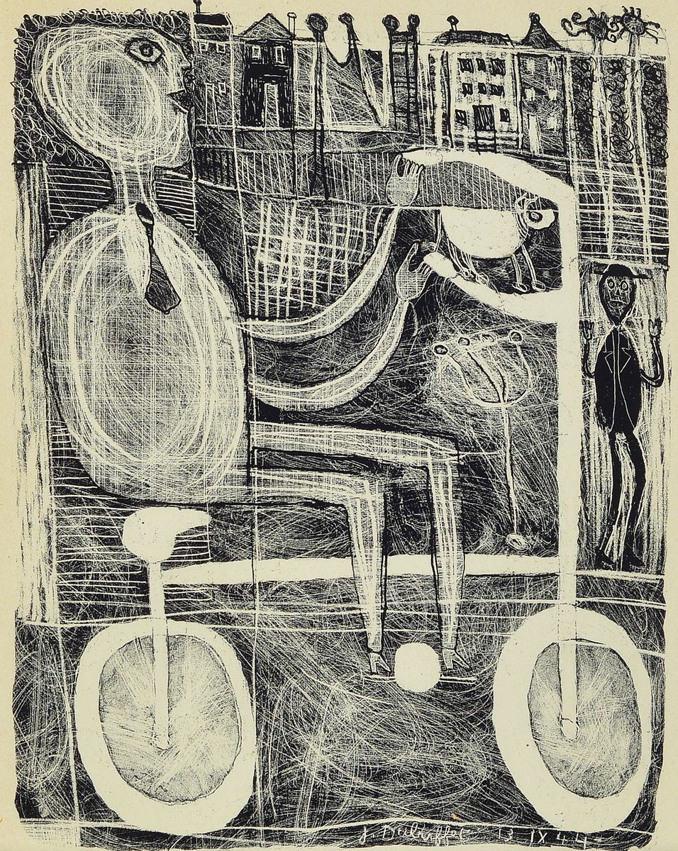 Jean Dubuffet, 1901-1985, L'Home au commun, Lithographie von 1944, rückseitig Ausschnitt aus dem Deckblatt, hier num. 144 (von 150), ca. ...