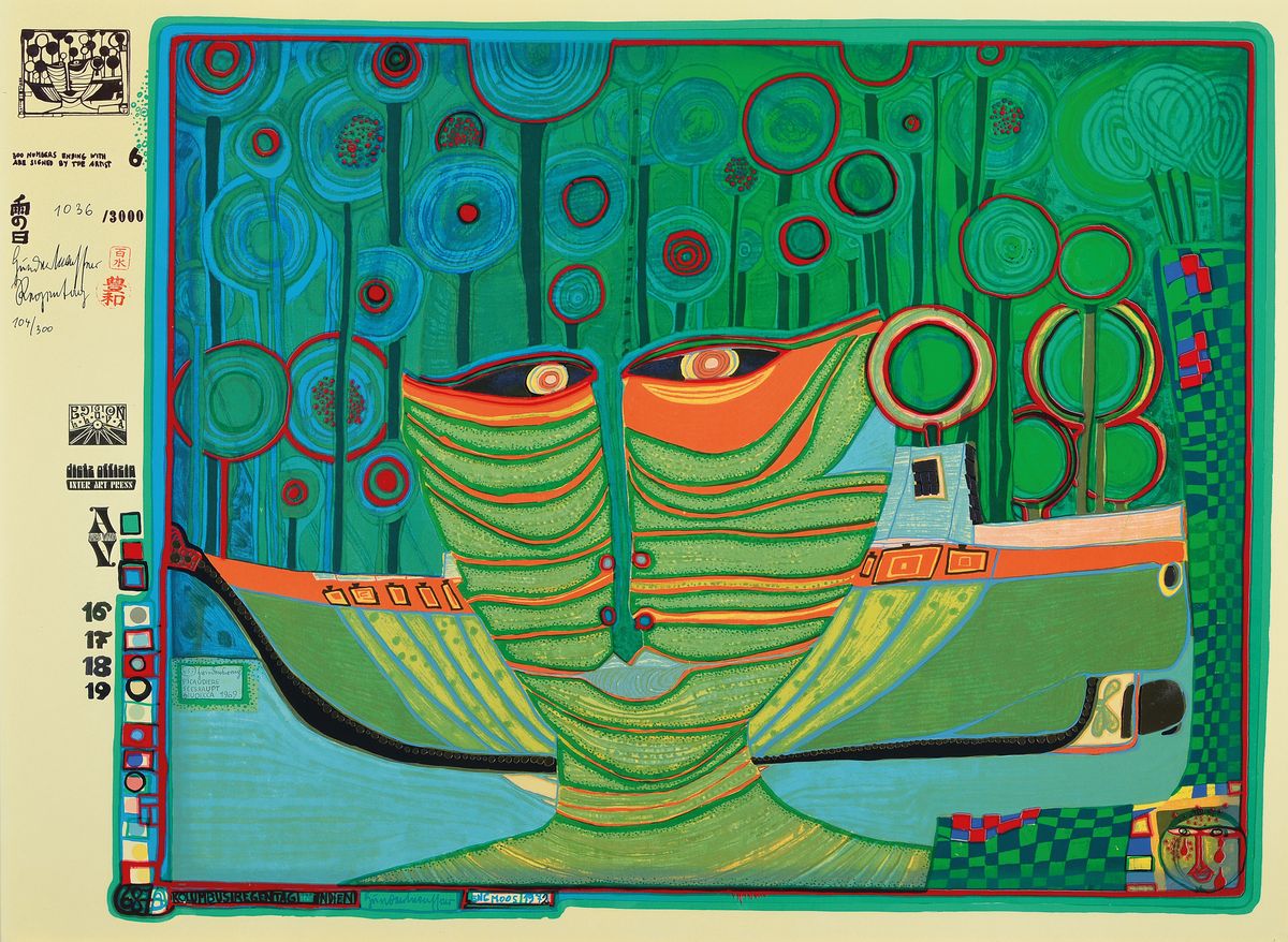 Friedensreich Hundertwasser, 1928-2000, Kolumbus-Regentag in Indien, Farbserigraphie mit Metallfolienprägung, handsigniert und num. 104/300, im ...