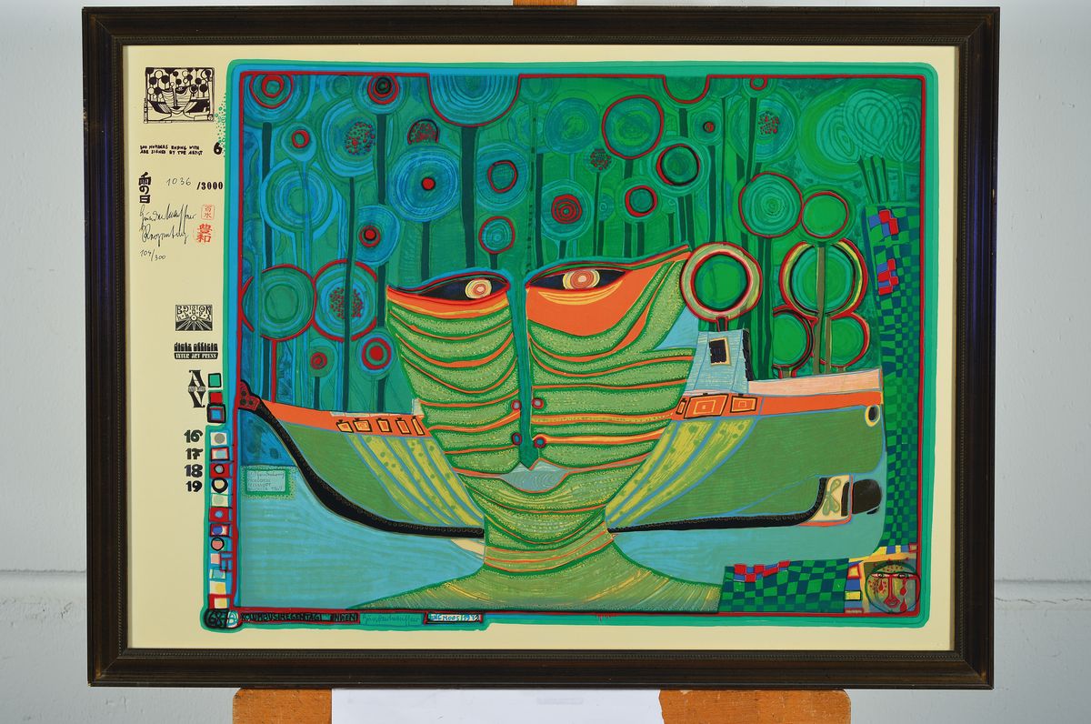 Detail k: Friedensreich Hundertwasser, 1928-2000, Kolumbus-Regentag in Indien, Farbserigraphie mit Metallfolienprägung, handsigniert und num. 104/300, im ...