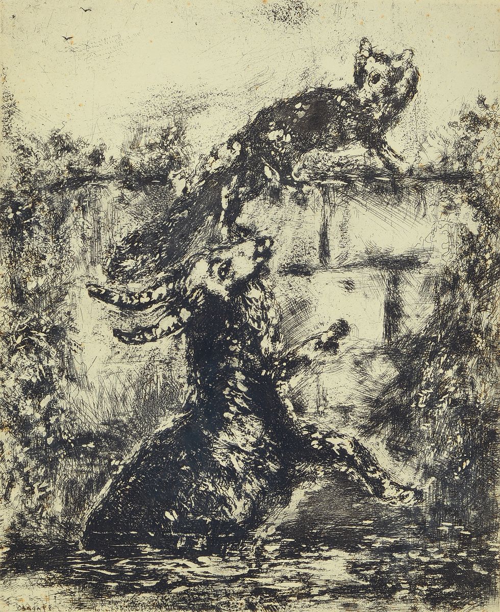 Marc Chagall, 1887-1985, Radierung aus der Serie Fables de La Fontaine, in der Plattesigniert, ca. 30x24cm, u.Gl., R. ca. 44x34cm, leicht fleckig