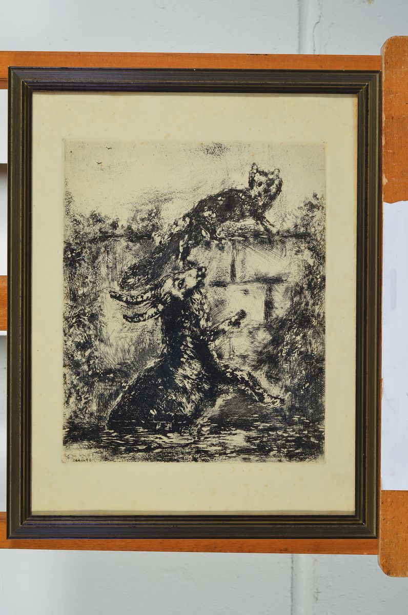 Detail k: Marc Chagall, 1887-1985, Radierung aus der Serie Fables de La Fontaine, in der Plattesigniert, ca. 30x24cm, u.Gl., R. ca. 44x34cm, leicht fleckig