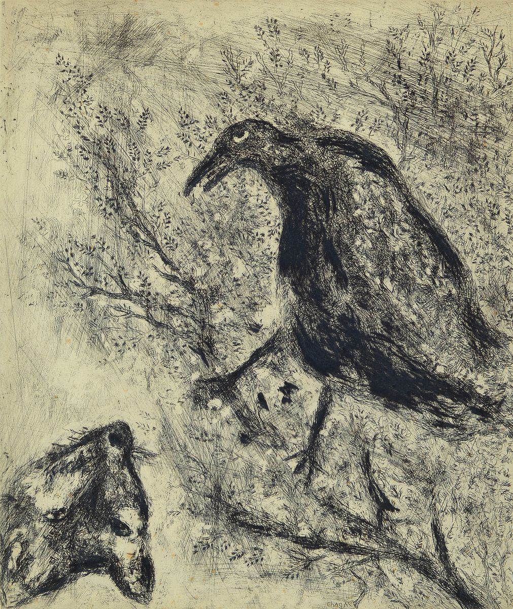 Marc Chagall, 1887-1985, Radierung aus der Serie Fables de La Fontaine, in der Plattesigniert, ca. 30x24cm, u.Gl., R. ca. 44x34cm, leicht fleckig