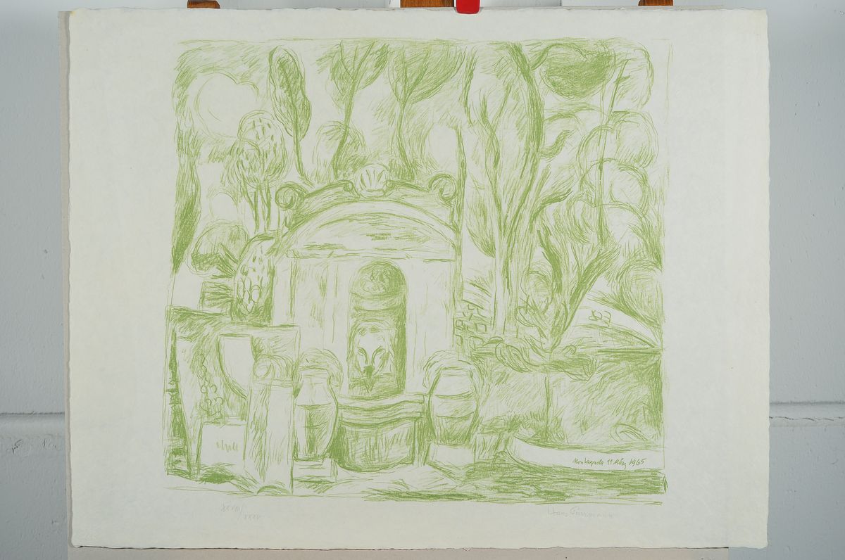 Detail k: Hans Purrmann, 1880 Speyer-1966 Basel, Montagnola 1965, Lithographie in Grün, handsigniert und num. XXVIII/XXXV, ca. 43x50 cm