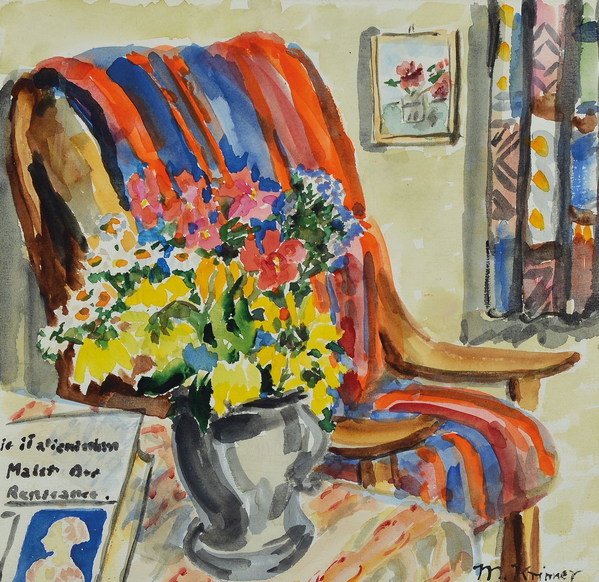 Detail b: Michaela Krinner, 1915 Waldmünchen-2006, 3 Aquarelle mit Blumenstillleben, alle signiert, ca. 28.5x19.5cm; 31.5x23.5cm; 30x29cm, alle u.Gl., R.