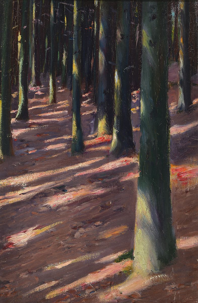 Friedrich Ferdinand Koch, 1863-1923, sog. Waldinterieur, zwischen 1906-08, hier: Buchenstämme, mit einfallendem Licht, in rosa/braun/gelblichen ...