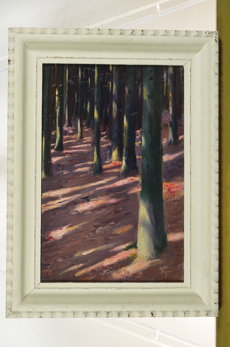 Detail k: Friedrich Ferdinand Koch, 1863-1923, sog. Waldinterieur, zwischen 1906-08, hier: Buchenstämme, mit einfallendem Licht, in rosa/braun/gelblichen ...