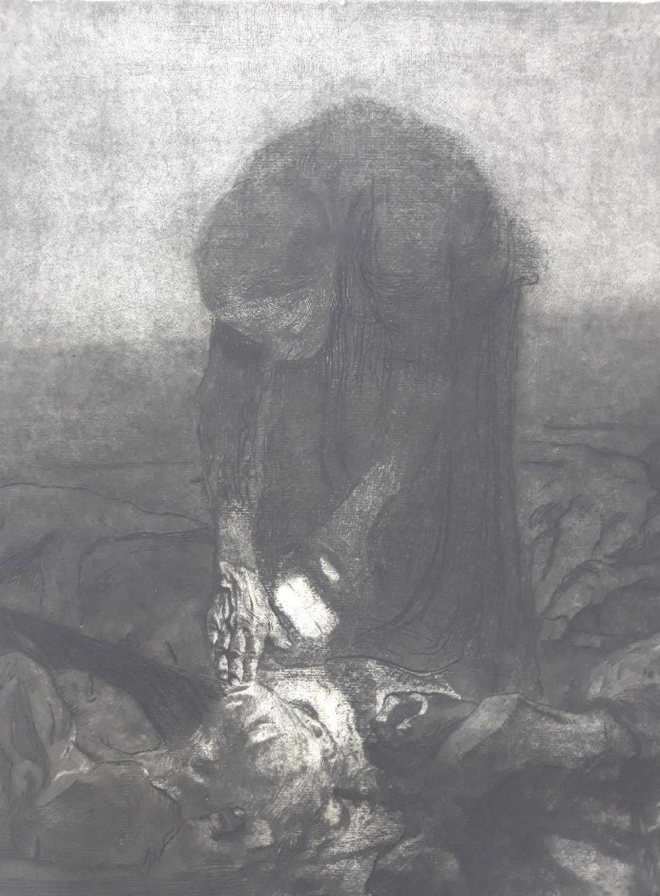 Detail b: Käthe Kollwitz, 1867-1945, Schlachtfeld, Blatt 6 aus dem Zyklus Bauernkrieg 1907-21, Radierung, unten rechts mit Bleistift handsigniert, aber stark ...