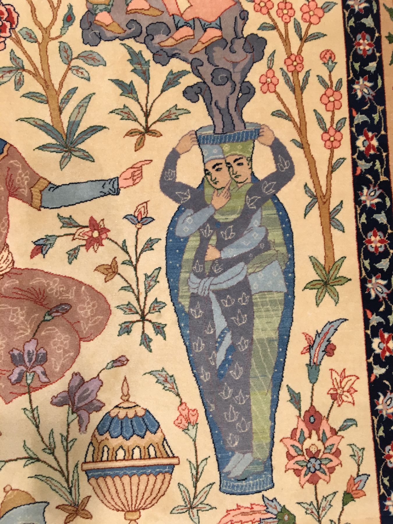 Detail c: Feiner Esfahan "Sadegh Seirafian" alt "Signiert" (Dichter Khayam mit Gedicht), Zentralpersien, um 1950/1960, Korkwolle geknüpft ...